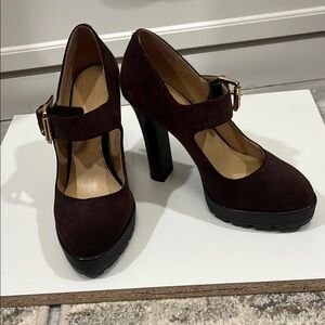 Michael Kors brown suede high heel Mary Jane w gold buckle size 8